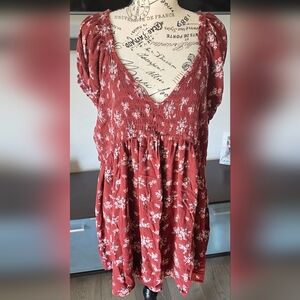 Juniors Plus Size 3X Short Sleeve Floral Print Mini Dress Burgundy Womens V Neck